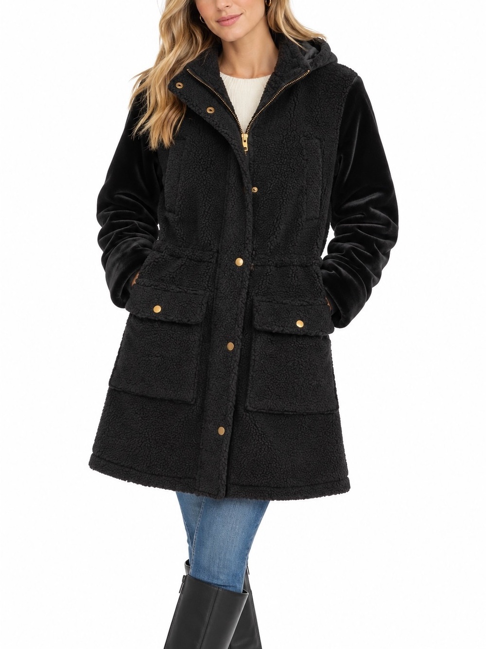 Eden Society Black Sherpa Fleece Drawstring Quilted Hooded Jacket Size Small